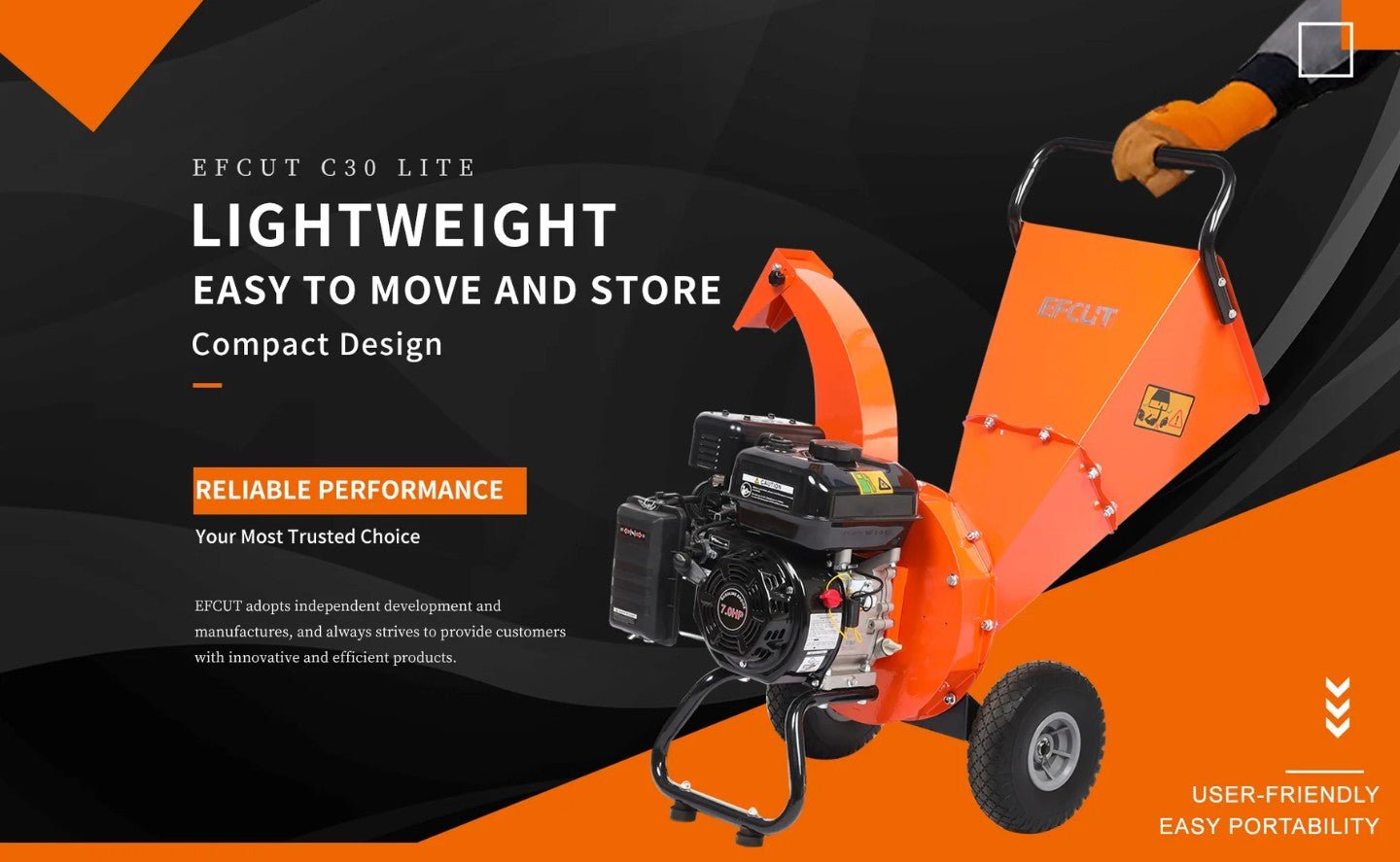 EFCUT C30 LITE Wood Chipper 3" Horizontal 7HP 212cc 4-stroke Gas-Powered 15:1 Reduction Ratio New