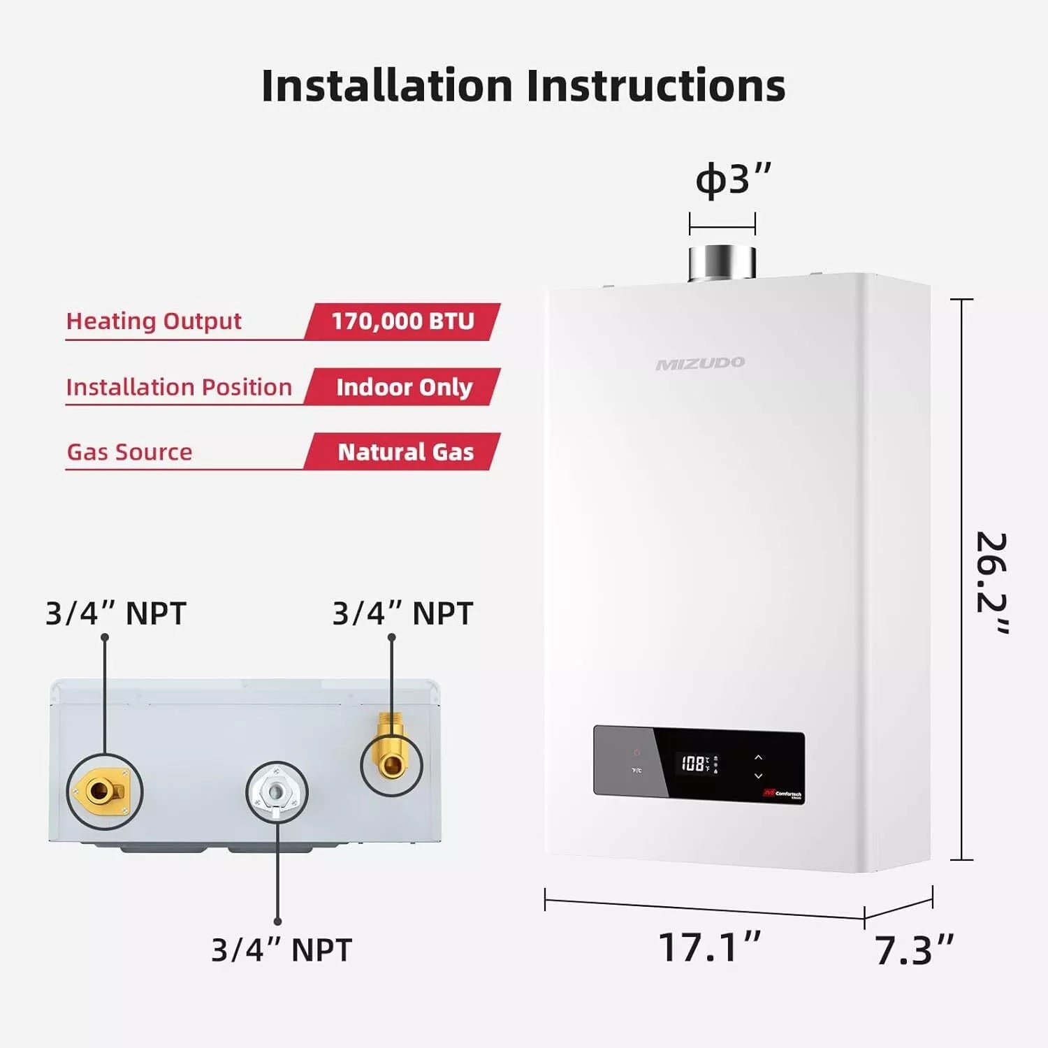Mizudo CF170 Tankless Water Heater Natural Gas 7.5 GPM 170,000 BTU New