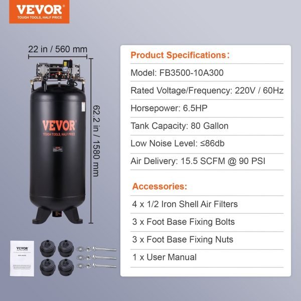 Vevor Air Compressor 80 Gal. 6.5 HP 15.5CFM @ 90PSI 3-Phase 220V New